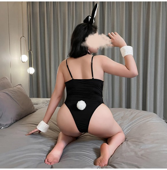 FEE ET MOI - Side Metal Buckle Bunny Girl Bodysuit Set (Plus Size - Black)